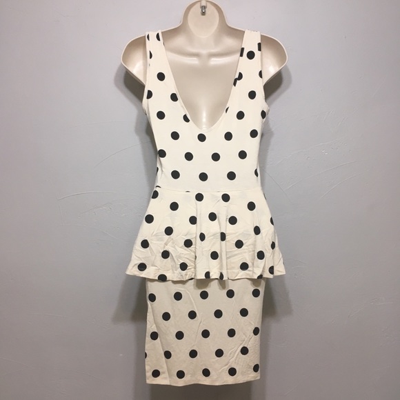 ASOS BLACK CREAM POLKA DOT PEPLUM RETRO MINI DRESS - Picture 5 of 8